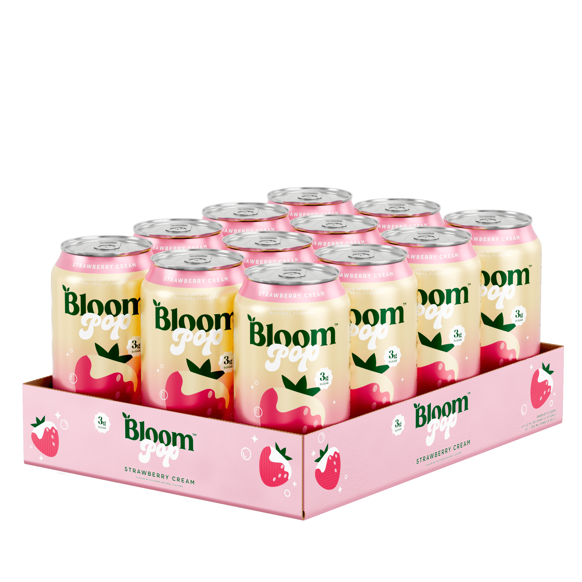 Bloom Nutrition Pop Prebiotic Soda, Strawberries & Cream, 12 fl oz, 12 Pack