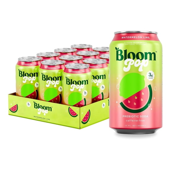 Bloom Pop Prebiotic Soda, Watermelon Lime, 12 fl oz, 12 Pack