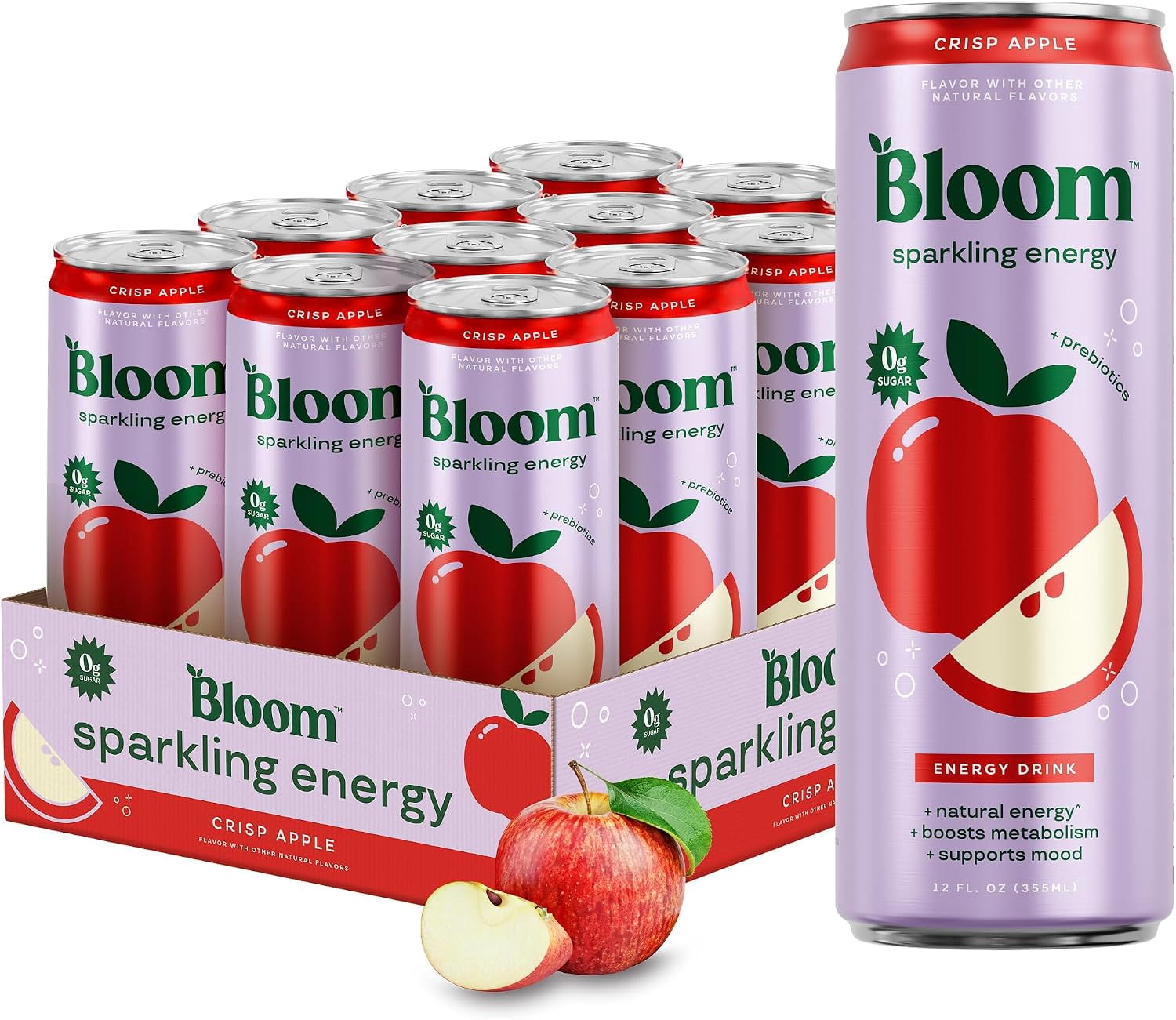 Bloom Nutrition Sparkling Energy Drink, Crisp Apple, 12 fl oz Cans, 12 Pack