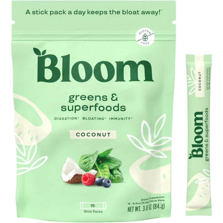 Bloom Nutrition Super Greens Powder Smoothie Mix, 15 Stick Packs -  Probiotics for Digestive Health & Bloating Relief for Women, Digestive  Enzymes with Organic Superfoods for Gut Health (Coconut) 
