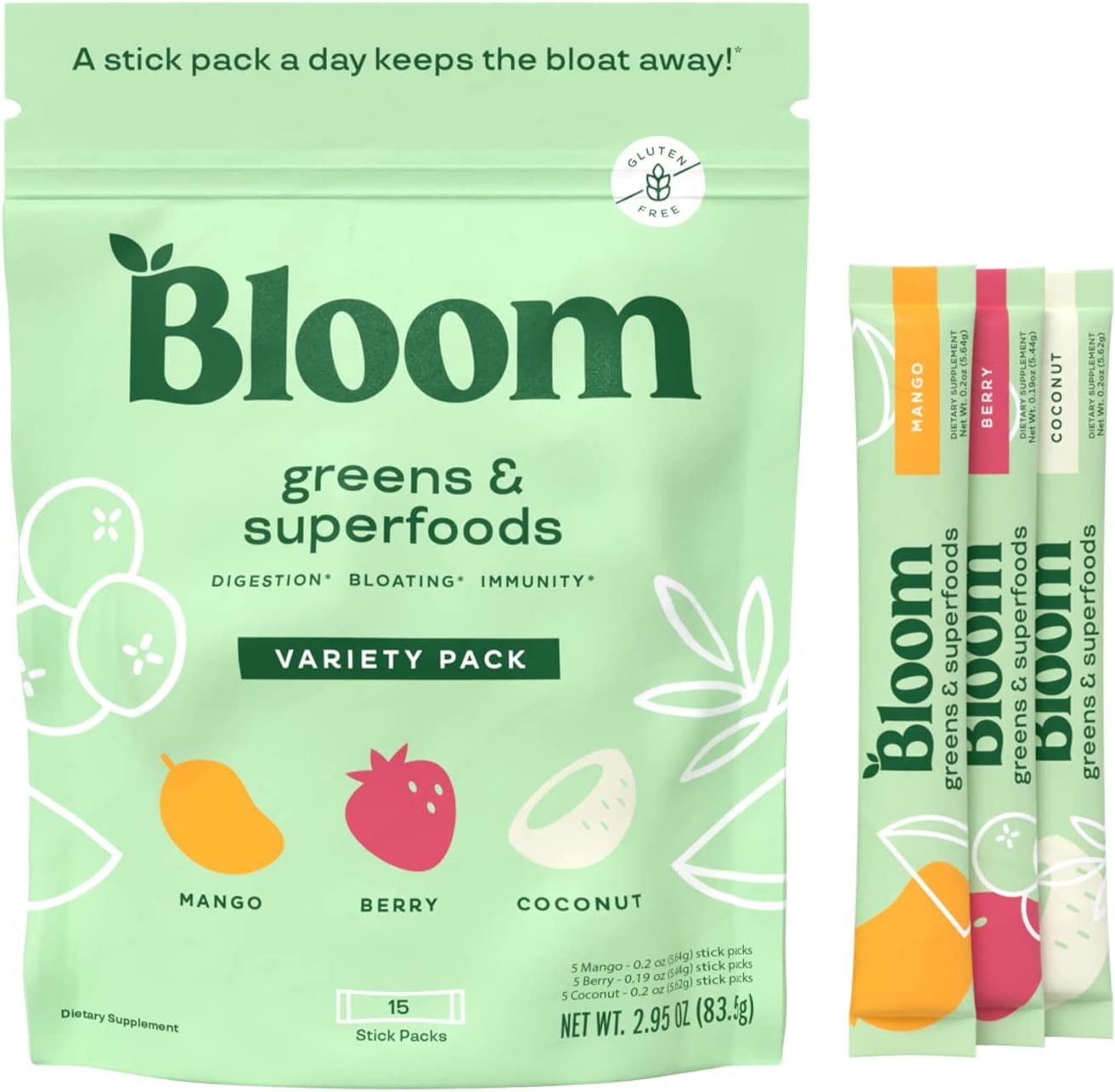 Bloom Nutrition Super Greens Powder Smoothie Mix, 15 Stick Packs