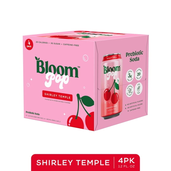 Bloom Nutrition Pop Shirley Temple Prebiotic Soda, 12 fl oz, 4 Pack Cans