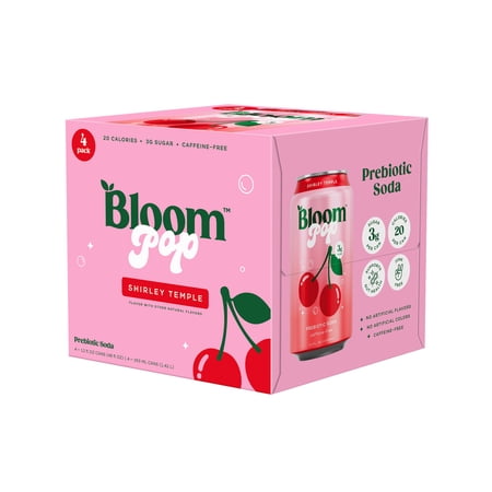 Bloom Nutrition Pop Shirley Temple Prebiotic Soda, 12 fl oz, 4 Pack Cans