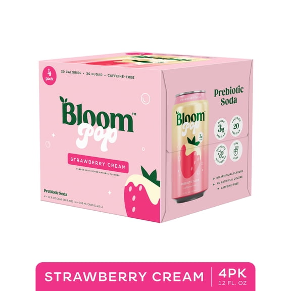 Bloom Nutrition Pop Prebiotic Soda, Strawberries & Cream, 12 fl oz, 4 Pack Cans