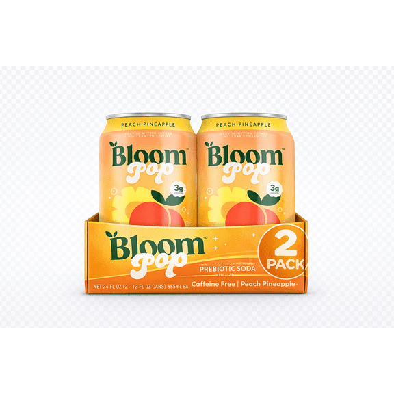 Bloom Pop Prebiotic Soda, Peach Pineapple Flavor, 12 fl oz (2-Pack)