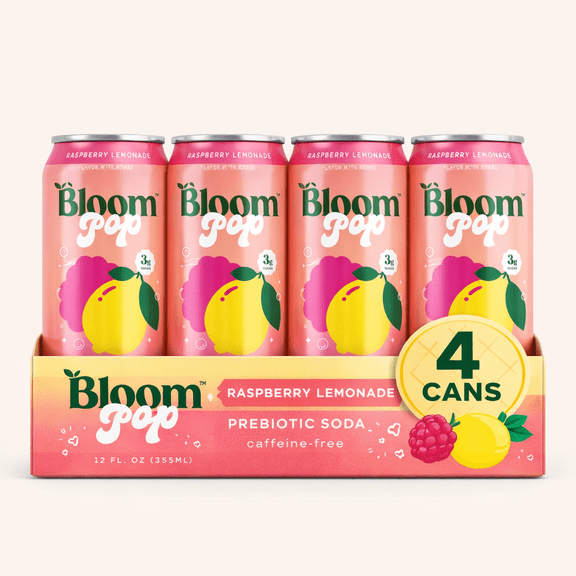 Bloom Pop Prebiotic Soda, Raspberry Lemonade, 4 Cans (12oz Each) Prebiotic Fiber Soda, Gut-Friendly, Caffeine-Free Sparkling Soda