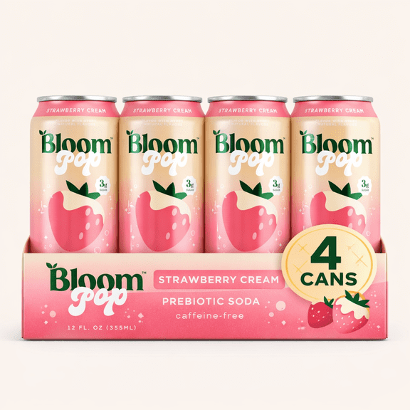 Bloom Pop Prebiotic Soda, Strawberry Cream, 4 Cans (12oz Each) Prebiotic Fiber Soda, Gut-Friendly, Caffeine-Free Sparkling Soda