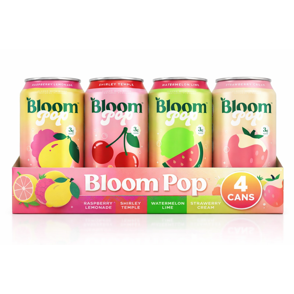 Bloom Pop Prebiotic Soda Variety Pack, 4 Cans (12oz Each) Raspberry Lemonade, Strawberry Cream, Watermelon Lime & Shirley Temple Gut-Friendly, Caffeine-Free Soda