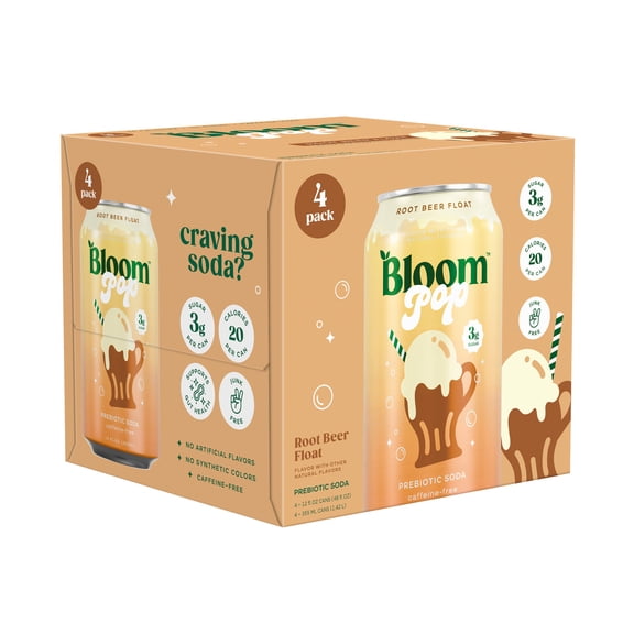 Bloom Pop Prebiotic Soda, Root Beer Float, 12 fl oz, 4 Pack Cans