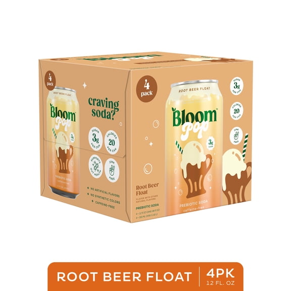 Bloom Nutrition Pop Prebiotic Soda, Root Beer Float, 12 fl oz, 4 Pack Cans