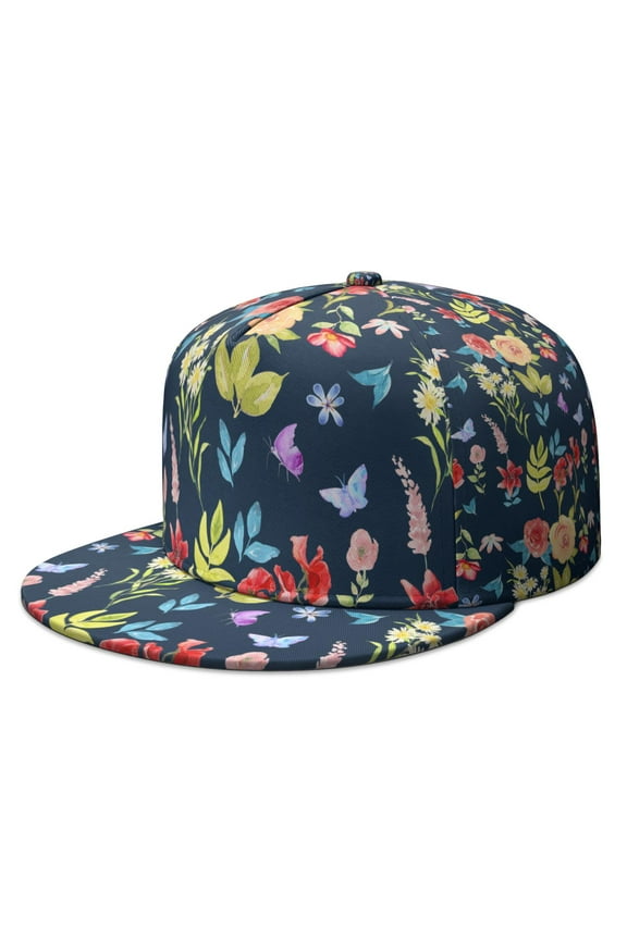 Bloom Print Baseball Cap, Adjustable Snapback Hat with Romantic Rose & Peony Pattern, Unisex Breathable Flat Brim Back