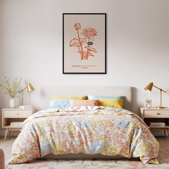 Bloom Quote Lotus Wall Art Poster Orange Botanical Line Drawing Modern Floral Calm Spaces Or Growth Decor Design1 Poster, Unframed Size 8x12
