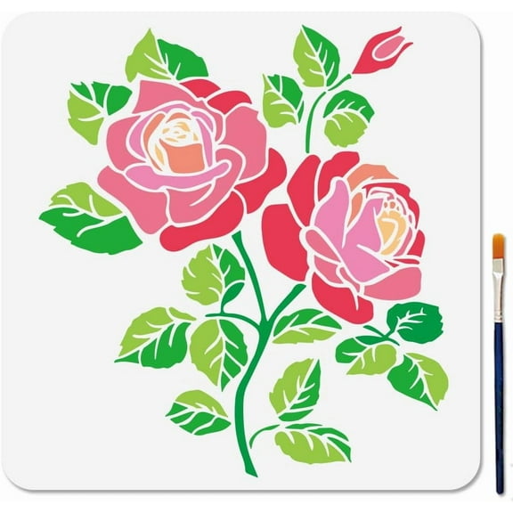 Bloom Rose Stencil Rose Flower Bouquet Stencil 11.811.8inch with Paint Brush Reusable Plant Flower Leaf Template for DIY Making