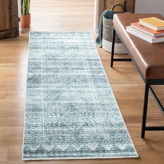 Bloom Rugs Caria Washable Non-Slip 10 ft Runner - Teal/Ivory Geometric Runner for Entryway, Hallway, Bathroom, and Kitchen - Exact Size: 2'6" x 10'