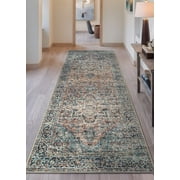 Bloom Rugs Washable Non-Slip 12 ft Runner - Blue Green / Tangerine Traditional Oriental Runner for Entryway, Hallway, Bathroom, and Kitchen - Exact size 26" x 12