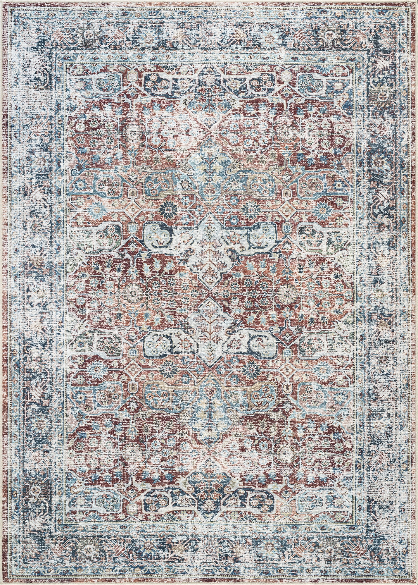 Bloom Rugs Washable Non-Slip 12 ft Runner - Brick / Dark Blue Traditional Oriental Runner for Entryway, Hallway, Bathroom, and Kitchen - Exact size: 2'6" x 12'