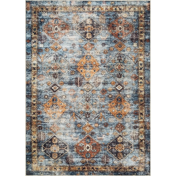 Bloom Rugs Washable Non-Slip 2' x 3' Rug - Blue / Orange Traditional Bordered Area Rug for Living Room, Bedroom, Dining Room, and Kitchen - Exact size: 2' x 3'