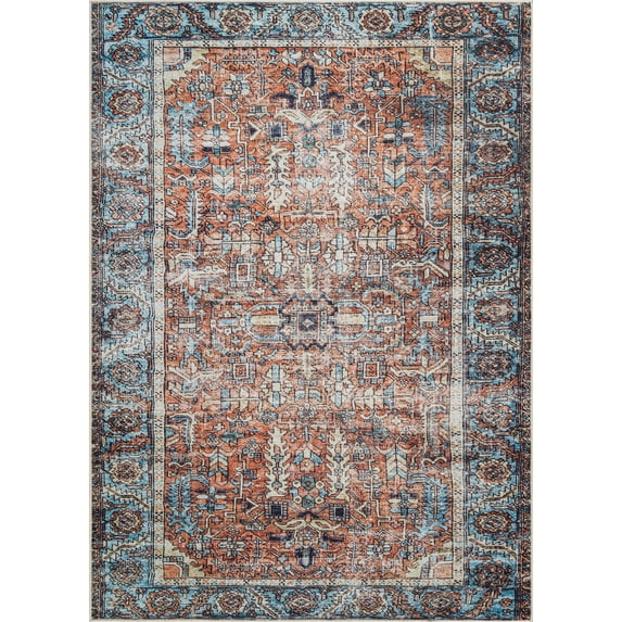 Bloom Rugs Washable Non-Slip 2' x 3' Rug - Orange / Blue Traditional Oriental Area Rug for Living Room, Bedroom, Dining Room, and Kitchen - Exact size: 2' x 3'