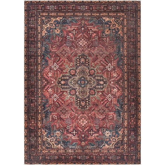 Bloom Rugs Washable Non-Slip 3' x 5' Rug - Red/Teal Blue/Yellow Traditional Medallion Area Rug for Living Room, Bedroom, Dining Room, and Kitchen - Exact size: 3' x 5'
