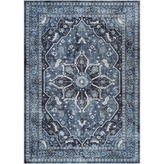 Bloom Rugs Washable Non-Slip 3x5 Rug - Blue / Charcoal Traditional Oriental Area Rug for Living Room, Bedroom, Dining Room, and Kitchen - Exact size: 3' x 5'