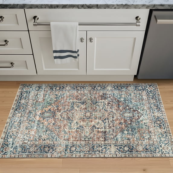 Bloom Rugs Washable Non-Slip 3x5 Rug - Blue Green / Tangerine Traditional Oriental Area Rug for Living Room, Bedroom, Dining Room, and Kitchen - Exact size: 3' x 5'