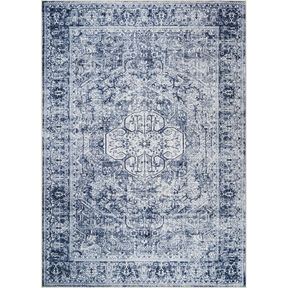 Bloom Rugs Washable Non-Slip 4' x 6' Rug - Ivory / Denim Blue Traditional Medallion Area Rug for Living Room, Bedroom, Dining Room, and Kitchen - Exact size: 4' x 6'