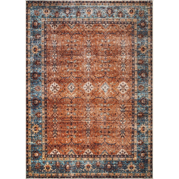 Bloom Rugs Washable Non-Slip 4' x 6' Rug - Orange/Teal Blue Traditional Bordered Area Rug for Living Room, Bedroom, Dining Room, and Kitchen - Exact size: 4' x 6'