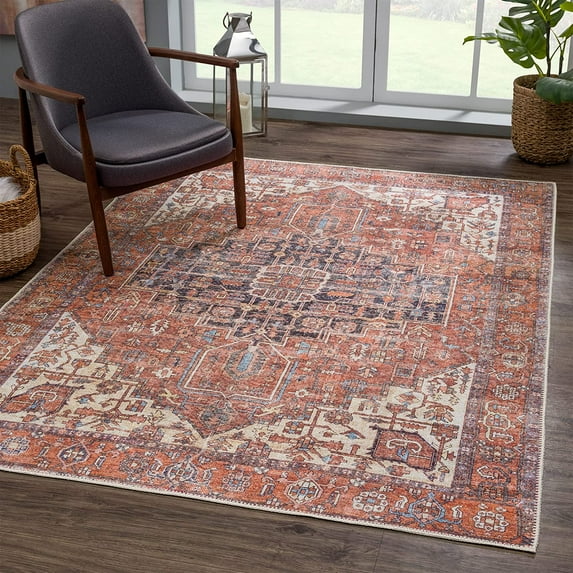 Bloom Rugs Washable Non-Slip 4' x 6' Rug - Red / Orange / Beige Traditional Oriental Area Rug for Living Room, Bedroom, Dining Room, and Kitchen - Exact size: 4' x 6'