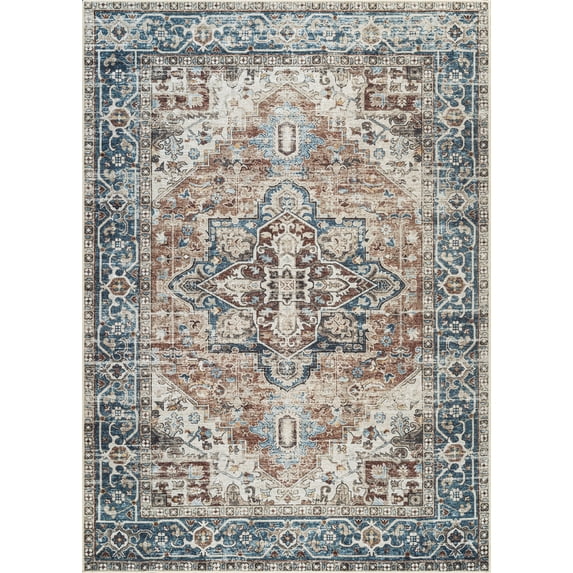 Bloom Rugs Washable Non-Slip 4x6 Rug - Terracotta / Blue Traditional Oriental Area Rug for Living Room, Bedroom, Dining Room, and Kitchen - Exact size: 4' x 6'