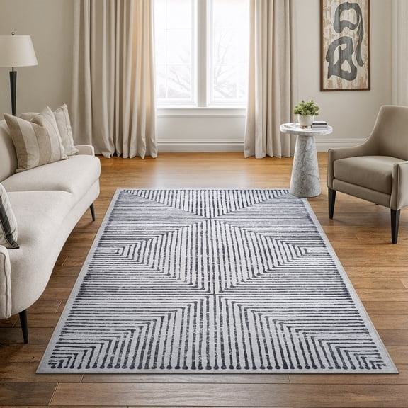 Bloom Rugs Washable Non-Slip 5' x 7' Rug - Black / Ivory Striped Area Rug for Living Room, Bedroom, Dining Room, and Kitchen - Exact size: 5' x 7'