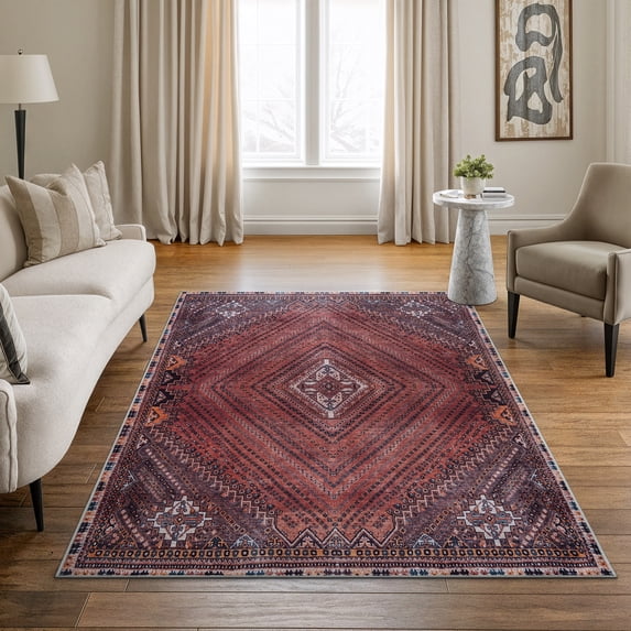 Bloom Rugs Washable Non-Slip 5' x 7' Rug - Red / Multicolor Traditional Bordered Area Rug for Living Room, Bedroom, Dining Room, and Kitchen - Exact size: 5' x 7'