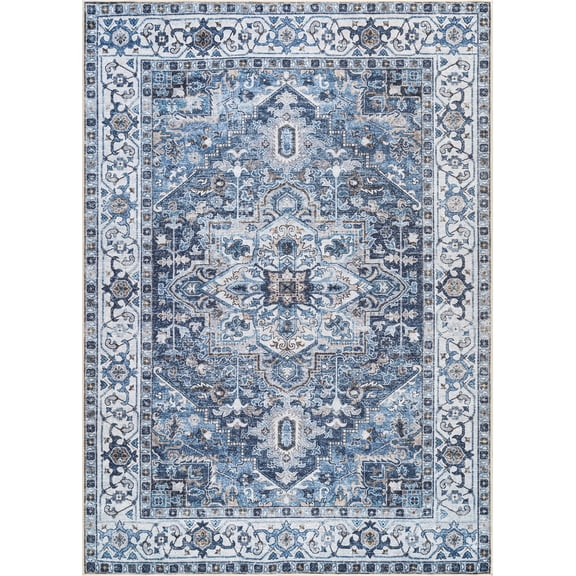 Bloom Rugs Washable Non-Slip 5x7 Rug - Navy Blue Traditional Oriental Area Rug for Living Room, Bedroom, Dining Room, and Kitchen - Exact size: 5' x 7'