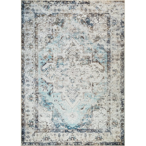 Bloom Rugs Washable Non-Slip 6' x 9' Rug - Beige / Blue Traditional Oriental Area Rug for Living Room, Bedroom, Dining Room, and Kitchen - Exact size: 6' x 9'