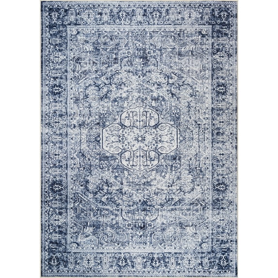 Bloom Rugs Washable Non-Slip 6' x 9' Rug - Ivory / Denim Blue Traditional Medallion Area Rug for Living Room, Bedroom, Dining Room, and Kitchen - Exact size: 6' x 9'