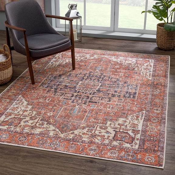 Bloom Rugs Washable Non-Slip 6' x 9' Rug - Red / Orange / Beige Traditional Oriental Area Rug for Living Room, Bedroom, Dining Room, and Kitchen - Exact size: 6' x 9'