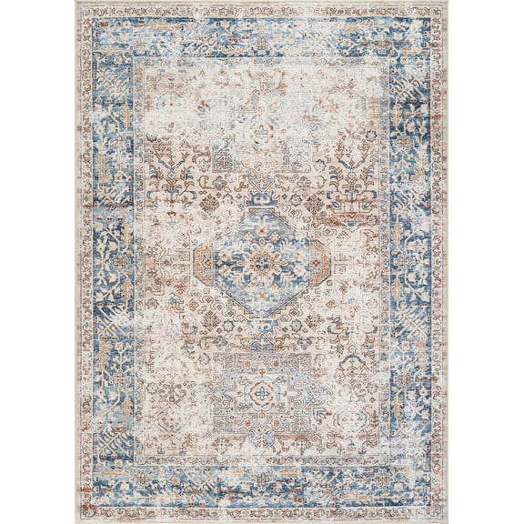 Bloom Rugs Washable Non-Slip 7 ft Runner - Beige / Ocean Blue Traditional Oriental Runner for Entryway, Hallway, Bathroom, and Kitchen - Exact size: 2'6" x 7'