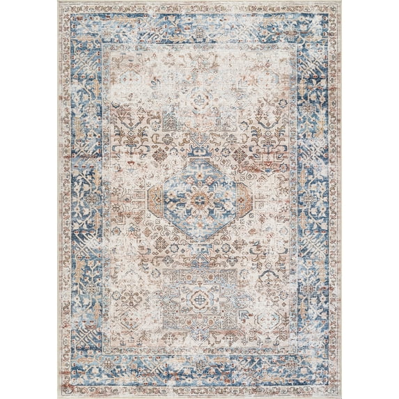Bloom Rugs Washable Non-Slip 7 ft Runner - Beige / Ocean Blue Traditional Oriental Runner for Entryway, Hallway, Bathroom, and Kitchen - Exact size: 2'6" x 7'