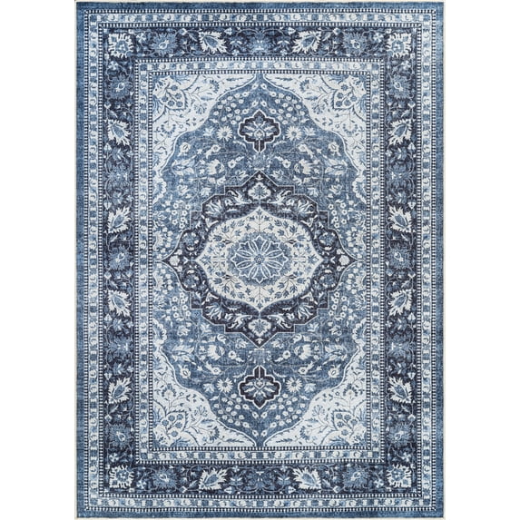 Bloom Rugs Washable Non-Slip 7 ft Runner - Blue Traditional Oriental Runner for Entryway, Hallway, Bathroom, and Kitchen - Exact size: 2'6" x 7'