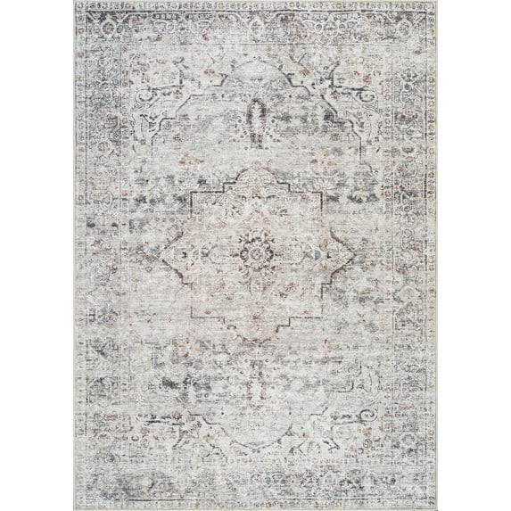 Bloom Rugs Washable Non-Slip 7 ft Runner - Ivory / Gray / Caramel Traditional Oriental Runner for Entryway, Hallway, Bathroom, and Kitchen - Exact size: 2'6" x 7'