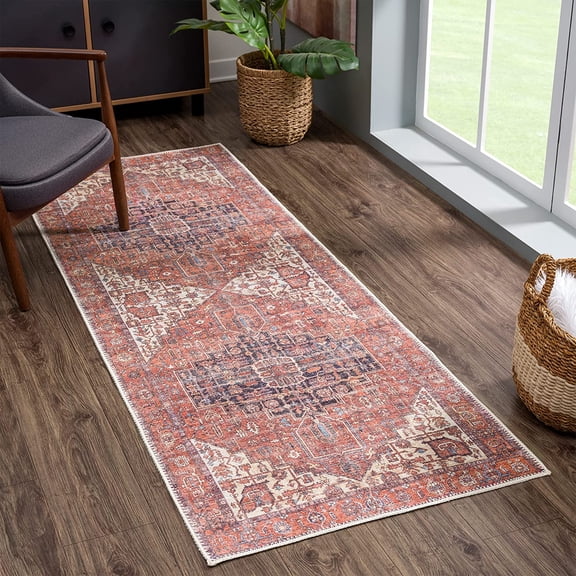 Bloom Rugs Washable Non-Slip 7 ft Runner - Red / Orange / Beige Traditional Oriental Runner for Entryway, Hallway, Bathroom, and Kitchen - Exact size: 2.5' x 7'