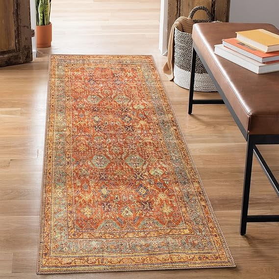 Bloom Rugs Washable Non-Slip 7 ft Runner - Terracotta / Mustard Traditional Oriental Runner for Entryway, Hallway, Bathroom, and Kitchen - Exact size: 2.5' x 7'
