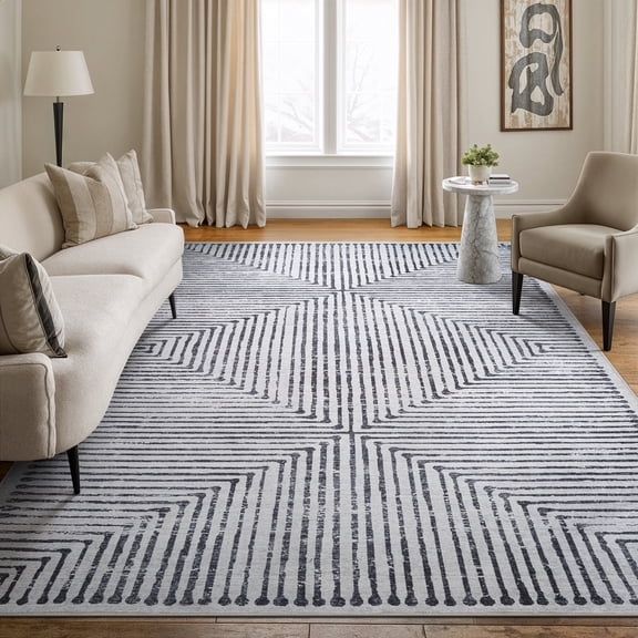 Bloom Rugs Washable Non-Slip 8' x 10' Rug - Black / Ivory Striped Area Rug for Living Room, Bedroom, Dining Room, and Kitchen - Exact size: 8' x 10'
