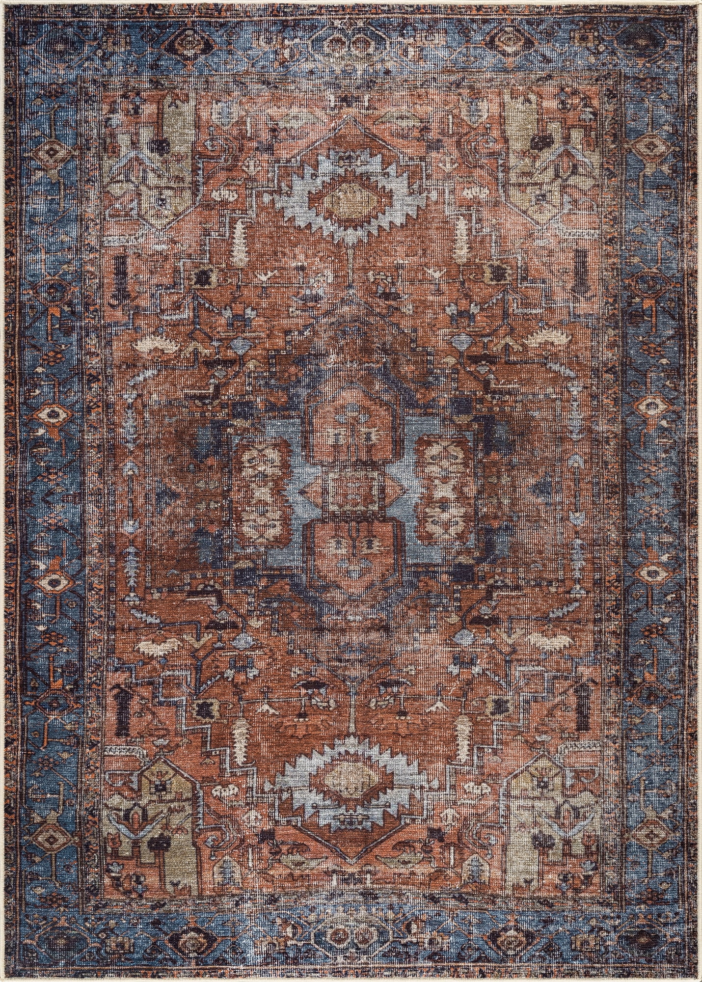 Bloom Rugs Washable Non-Slip 8' x 10' Rug - Terracotta / Blue Traditional Oriental Area Rug for Living Room, Bedroom, Dining Room, and Kitchen - Exact size: 8' x 10'