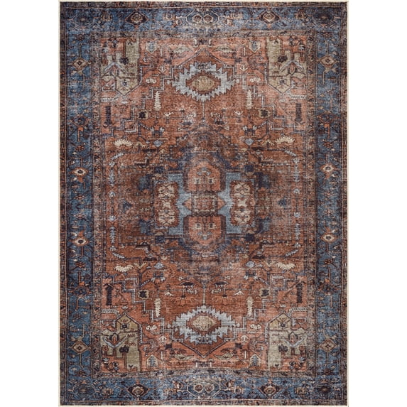 Bloom Rugs Washable Non-Slip 8' x 10' Rug - Terracotta / Blue Traditional Oriental Area Rug for Living Room, Bedroom, Dining Room, and Kitchen - Exact size: 8' x 10'