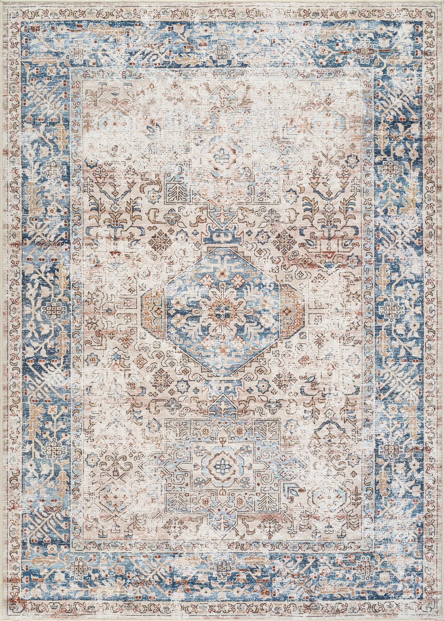 Bloom Rugs Washable Non-Slip 8x10 Rug - Beige / Ocean Blue Traditional Oriental Area Rug for Living Room, Bedroom, Dining Room, and Kitchen - Exact size: 8' x 10'