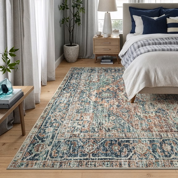 Bloom Rugs Washable Non-Slip 8x10 Rug - Blue Green / Tangerine Traditional Oriental Area Rug for Living Room, Bedroom, Dining Room, and Kitchen - Exact size: 8' x 10'