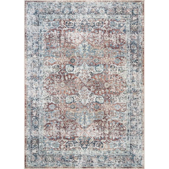 Bloom Rugs Washable Non-Slip 8x10 Rug - Brick / Dark Blue Traditional Oriental Area Rug for Living Room, Bedroom, Dining Room, and Kitchen - Exact size: 8' x 10'