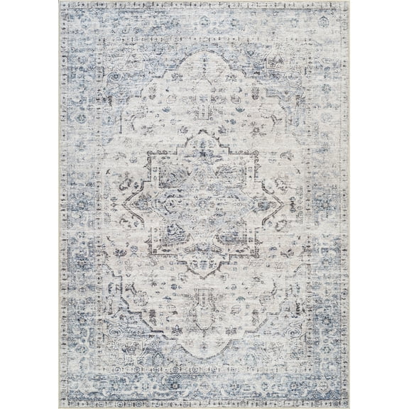 Bloom Rugs Washable Non-Slip 8x10 Rug - Ivory / Blue / Gray Traditional Oriental Area Rug for Living Room, Bedroom, Dining Room, and Kitchen - Exact size: 8' x 10'