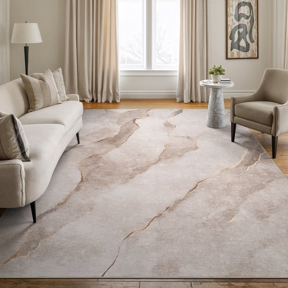 Bloom Rugs Washable Non-Slip 8x10 Rug - Ivory / Gold Modern Abstract Area Rug for Living Room, Bedroom, Dining Room, and Kitchen - Exact size: 8' x 10'