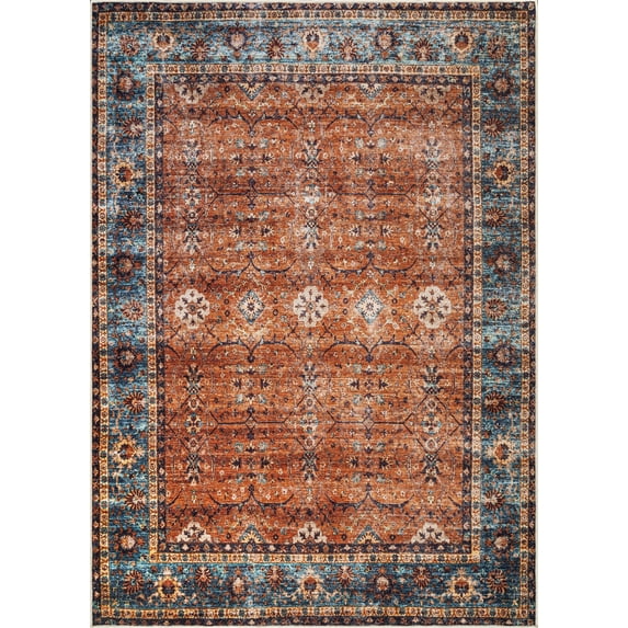 Bloom Rugs Washable Non-Slip 9' x 12' Rug - Orange/Teal Blue Traditional Bordered Area Rug for Living Room, Bedroom, Dining Room, and Kitchen - Exact size: 9' x 12'